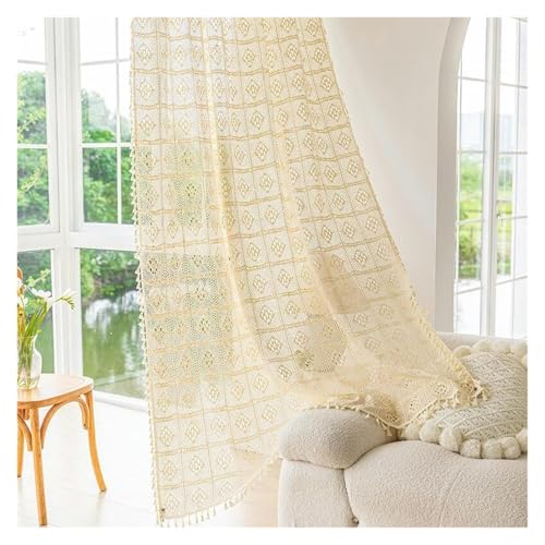 Rideaux en coton et lin beige avec pompons finitions crochet de qualite