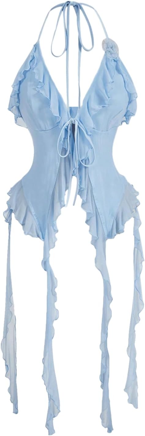 WDIRARA Women's 3D Flower Tie Front Ruffle Trim Halter Top Tie Backless Camisole