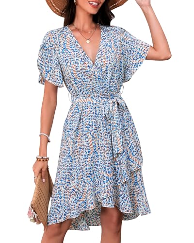 Image of Womens Wrap V Neck Short Sleeve Dress 2025 Summer Floral Boho Dress Ruffle A Line Flowy High Low Midi Dresses