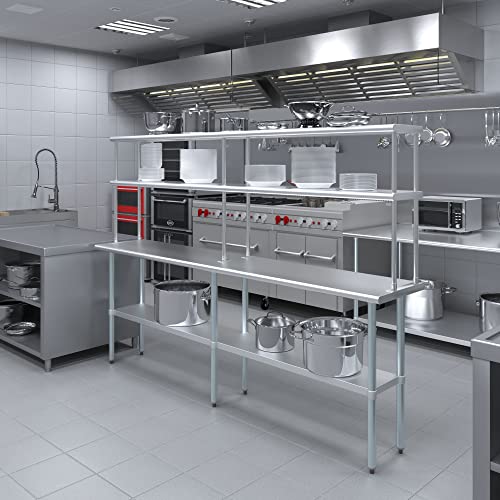 Image of AmGood Stainless Steel Work Table with 12 inch Wide Double Tier Overshelf | Metal Kitchen Prep Table & Shelving Combo | NSF (Stainless Steel Table with Double Overshelves, 96 inch Long x 18 inch Deep)