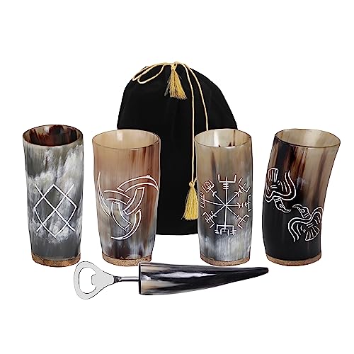 CLEENTABLE Viking Drinking Horn Tumblers Set of 4 With Bottle Opener Handmade Cups for Wine Beer Ale - Safe and Unique Drink Cup. Norse Drinking Beer Mug 8-10oz Ox Horn CLEENTABLE Viking Drinking Horn Tumblers Set of 4 With Bottle Opener Handmade Cups for Wine Beer Ale - Safe and Unique Drink Cup. Norse Drinking Beer Mug 8-10oz Ox Horn