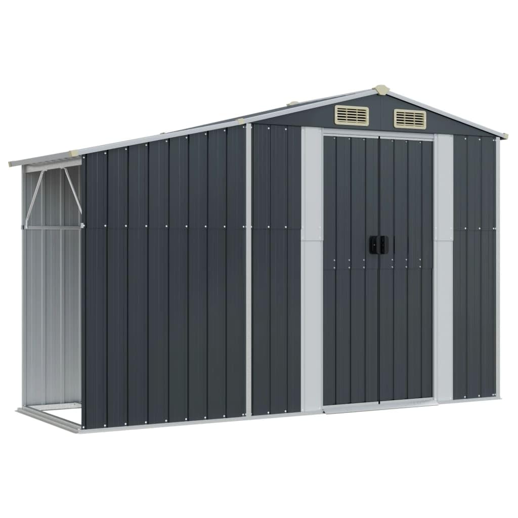 Gerätehaus Anthrazit 277x93x179 cm aus verzinktem Stahl - Metallschuppen mit Brennholzregal und Schrägdach - Multifunktionaler Gartenschuppen für Gartengeräte und Kaminholz