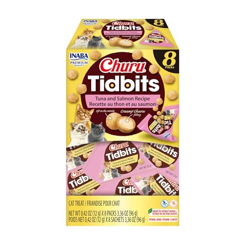 INABA Churu Tidbits for Cats Soft & Chewy Churu Filled Baked Chicken Cat Treats with Taurine & Green Tea Extract 0.42oz per Pack 8 Packs Total Tuna & Salmon Recipe