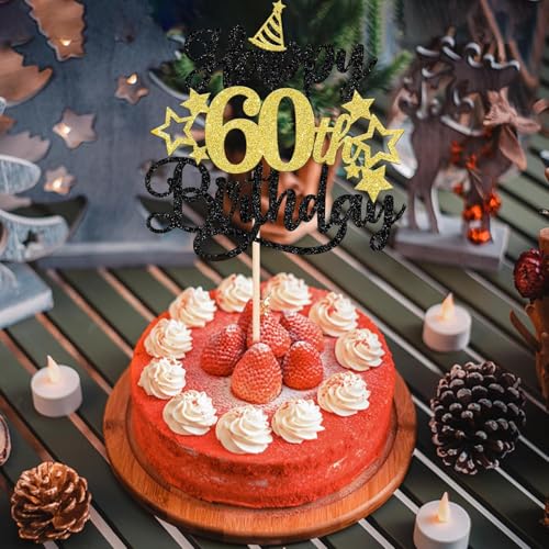Image of Confetti! Glittering 60th Birthday Cake Topper with Star Hat - Cheers to 60 Years! Fabulous Cake Decorations for elders 60th Birthday & Anniversary Party Supply