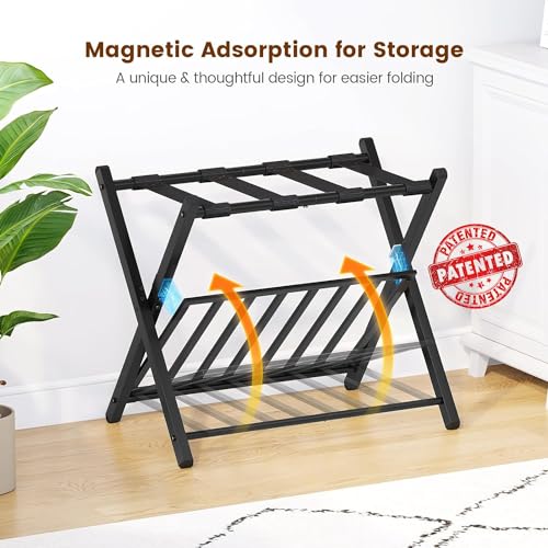 Folding Luggage Rack for Guest Room, Foldable Luggage Suitcase Stand with Unique Magnetic Locking & Steel Shelf, Per Tier Hold up to 150 lb, Luggage Holders for Guest Room Bedroom Hotel, Black, 1 Pack