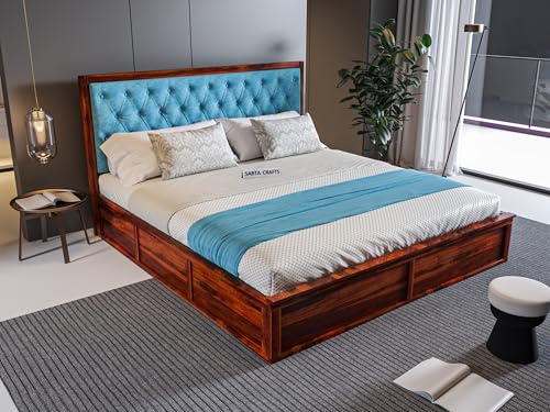 Image of Wooden Double Size Bed with Box Storage for Bedroom, Blue Upholstered Cushioned Headboard, Solid Sheesham Wood, Natural Finish, Mattress Size: 78 X 48 in
