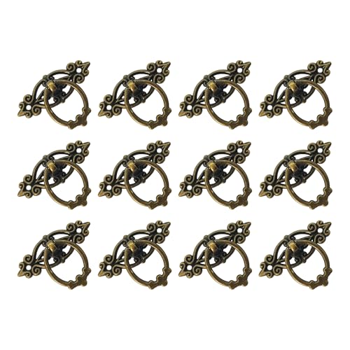 PDETVEO 12PCS 2.5" Vintage Bronze Ring Pulls, Antique Drop Handles for Dresser Drawers, Decorative Cabinet Hardware Knobs for Furniture Cupboard Wardrobe