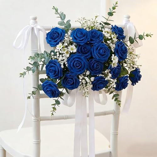 Image of 100Pcs Real Looking Royal Blue with Diamonds Artificial Rose Flower Heads, Foam Fake Roses for DIY Wedding Decorations Baby Shower Centerpieces Home Party Valentine's Day Mother's Day Decor
