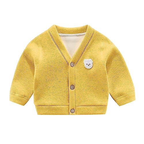 Gepolsterte Strickjacke für Babys, Jungen und Mädchen, V-Ausschnitt, Knopf, Cartoon-Bärenmuster, Alltagskleidung Baby-Outfits (Yellow, 0-3 Months)