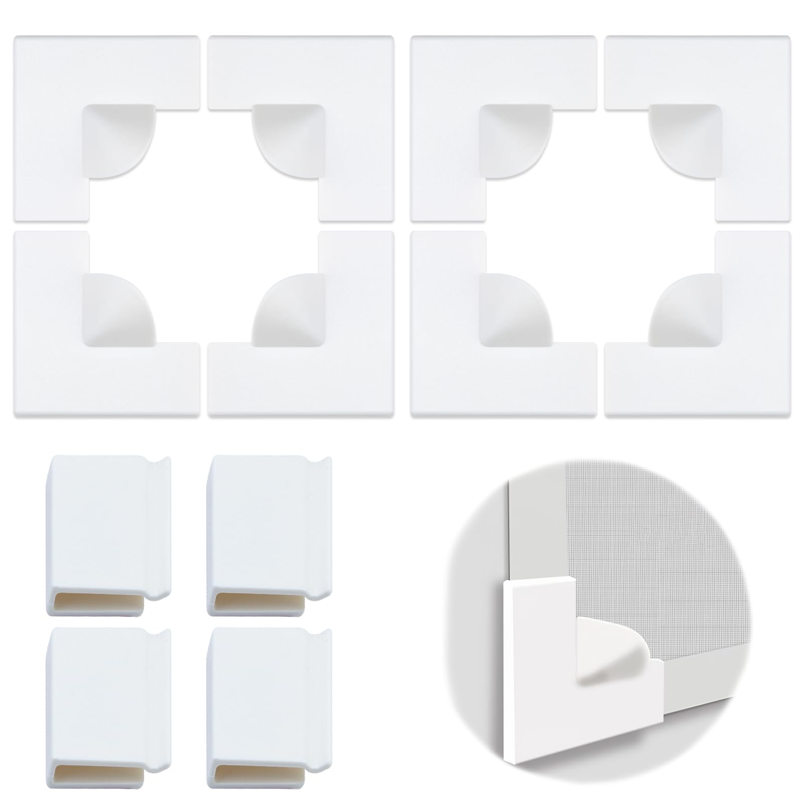 Magnetic Window Screen Corners Accessories Kit, 8 Reinforced Corners Handles 4 Windproof Heavy Duty Clips for Seamless Repairs and Effective Mosquito Protection (Two Sets, White)