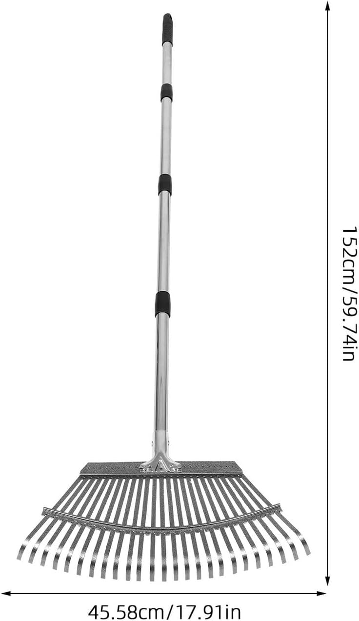 Heavy Duty Metal Leaf Rake with 25 Stainless Steel Tines and Steel Handle for Garden Weeding, Lawn Grass, and Flower Bed Cleanup in Small Areas