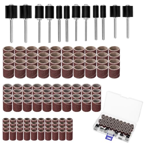 QWORK® 132 Piezas Tambores de lijado, 120 bandas de lija en diferentes tamaños y 12 rodillos de lija, compatible con Dremel herramientas rotativas