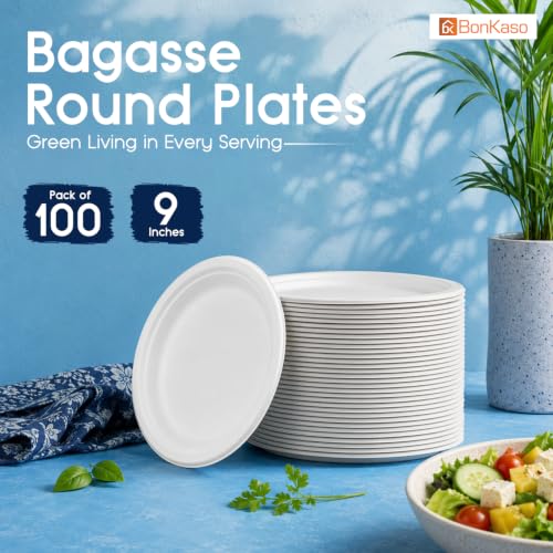 Image of Bonkaso 9 Inch, Pack of 100 Bagasse Disposable Round Plates (White)| Eco-Friendly Sugarcane Paper Plates | Biodegradable, Compostable & Sturdy | Ideal for Snacks, Desserts, Parties, Weddings & Events