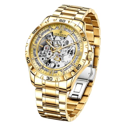 Image of Skeleton Automatic Mechanical Watch Mens Business Luxury Gift Steel Band | Stainless Steel Waterproof Male Golden Wristwatch Luminous Markers & Hands Hardlex Mirror Butterfly Double Button