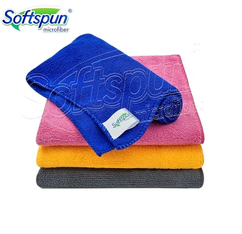Image of SOFTSPUN Microfiber Super Absorbent Small Wipes 340 GSM 40x40cms 4 Piece Multicolor! Highly Absorbent Lint and Streak Free Multi -Purpose Wash Cloth for Kitchen Window Stainless Steel Silverware.