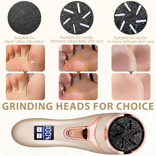 Image of Callus Remover for Feet (with Dander Vacuum), Portable Pedicure Kit Foot File Callus Remover, Rechargeable Waterproof Foot File for Foot Care Deadskin Remover with 3Head&LCD Display, Gold