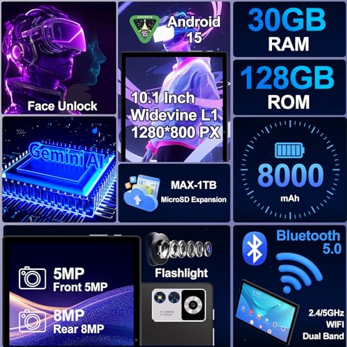 Image of 2026 Android 15 Tablet with Keyboard | Gemini AI, 30GB+128GB Octa-Core Electronics Tablets w / 10 Inch IPS HD Display, 8000mAh, 5G WiFi, 1TB Expand, Mouse+Case, BT 5.0, Widevine L1, Metal Body -Black