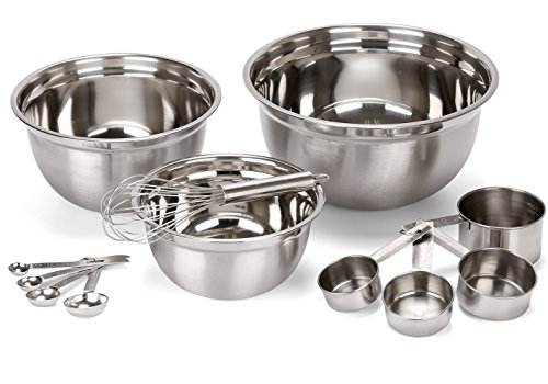Estilo 12 Piece Stainless Steel Metal Mixing Bowl, Includes Dry Measuring Cups, Measuring Spoons And Barrel Whisk - Cup Measuring Kitchen Set | Great for Baking and Cooking