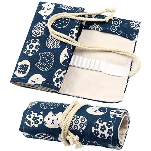 Image of Canvas Pencil Wrap Case, 48 Holes Colored Pencil Roll Holder Storage Pouch for Office (48 Holes, Blue-2)