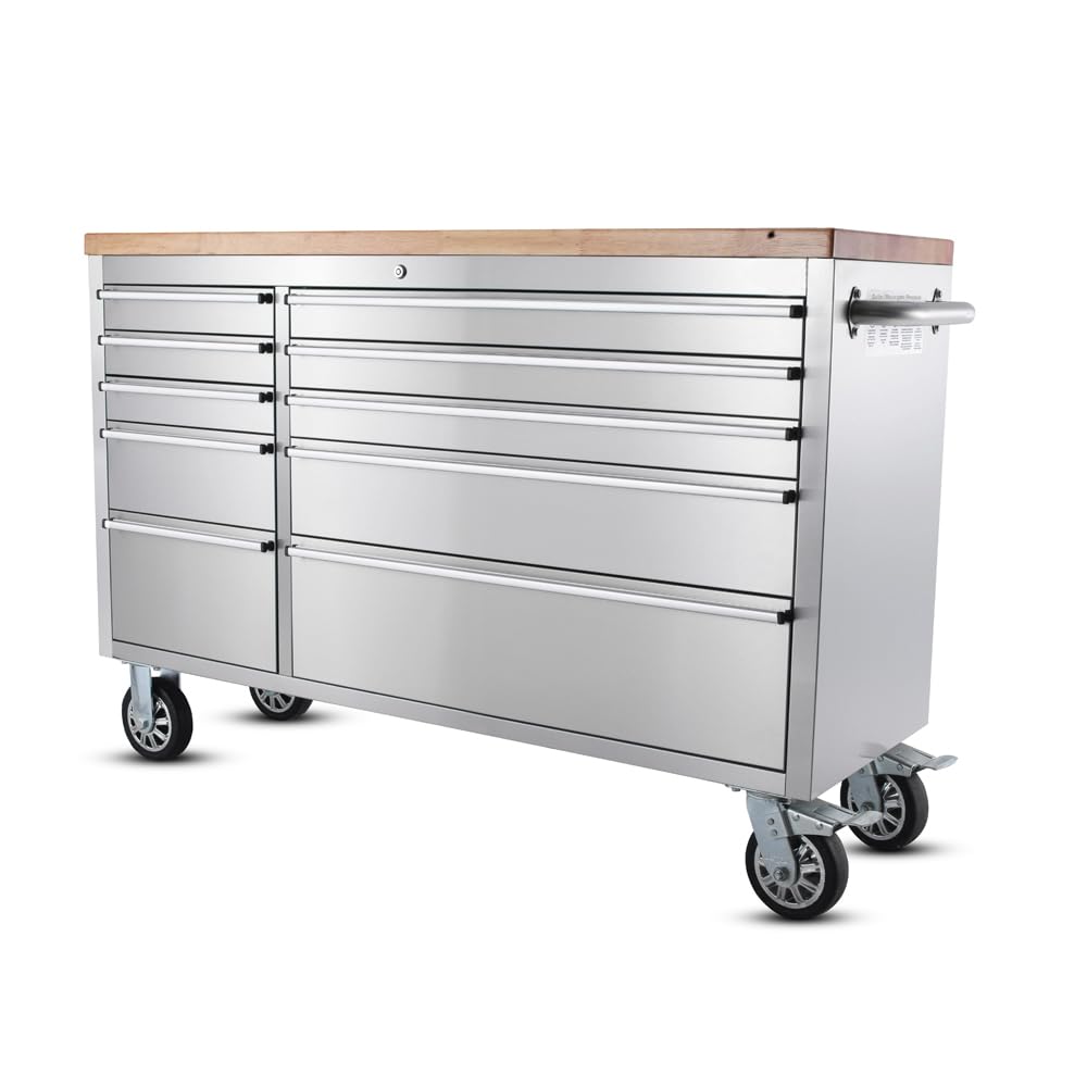 Werkstattwagen aus Edelstahl mit XL-Massivholzplatte (unbestückt) – 148 x 47 x 92 cm
