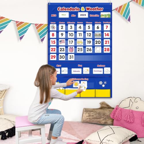 Image of Spanish Calendar and Weather Pocket Chart, Classroom Organized Chart, 140 Pieces (Spanish)
