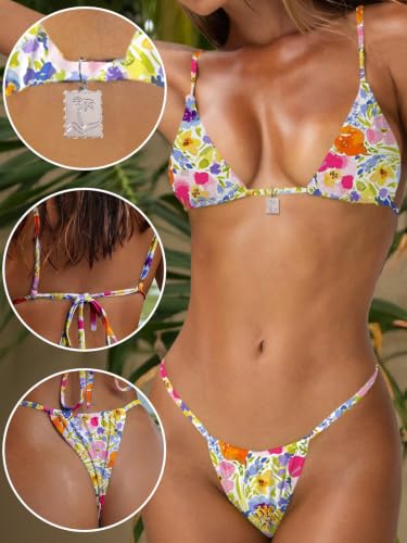 Image of OWICA Women's Sexy Triangle Bikini Sets Cheeky Thong Swimsuit Adjustable Spaghetti Straps Bathing Suit