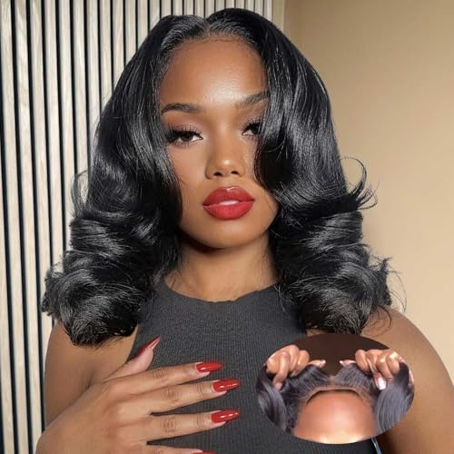 HIRIREMY Drawstring Pre Cut 5x5 HD Lace Front Closure Body Wave Bob Wigs Human Hair for Black Women Pre-Bleached Bye Knots Pre-Plucked Ready to Wear and Go Glueless 180% Density Black Color 14 Inch