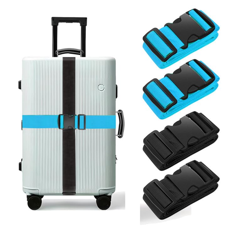 Image of BILIONE Luggage Straps, 79 inch Long Belts Keep Suitcase Secure While Traveling, TSA Approved Add a Bag Premium Accessory for Travel Bag Closure (Black+Blue, 4Pcs)