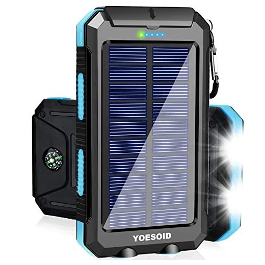 Solar Charger 20000mAh YOESOID Portable Outdoor Waterproof Solar Power Bank Camping External Battery Packs with Dual USB Output 2 Led Light Flashlight Compatible Most Smart Phones and Tablets