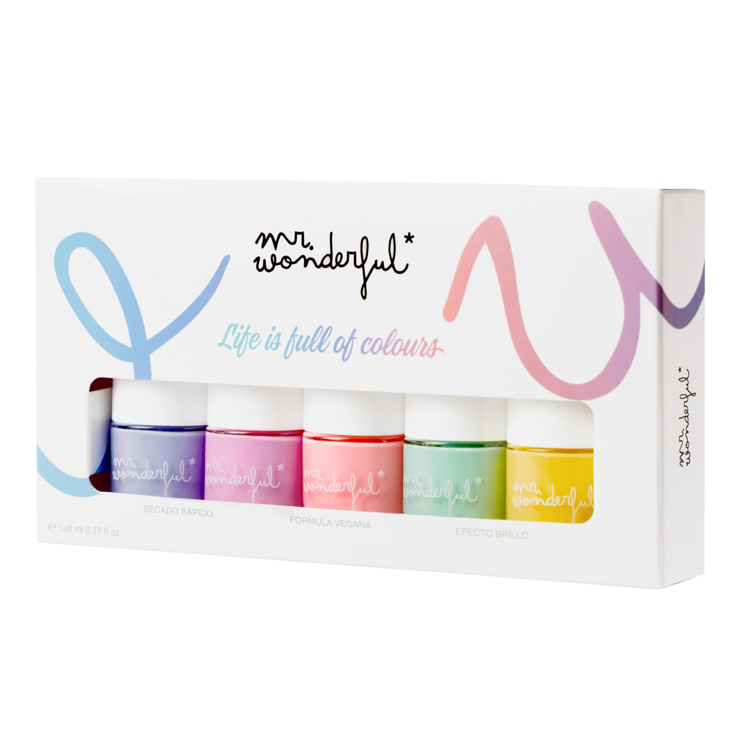 MR WONDERFUL - Estuche Laca de Uñas 5 x 8 ml, Cobertura Perfecta, Efecto Brillante y de Larga Duración, Fácil de Aplicar, Secado Rápido, Fórmula Vegana