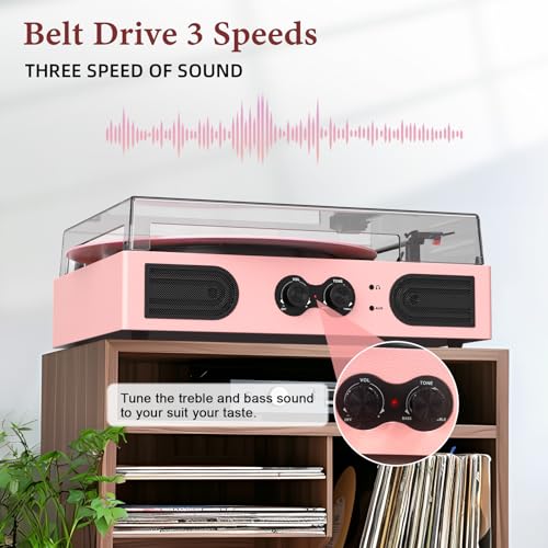 Image of Vinyl Record Player with Built-in Speakers, Vintage 3-Speed Turntable, Bass /Treble Control, Headphone Jack, RCA /AUX Outputs, Belt-Driven LP Player, Pink