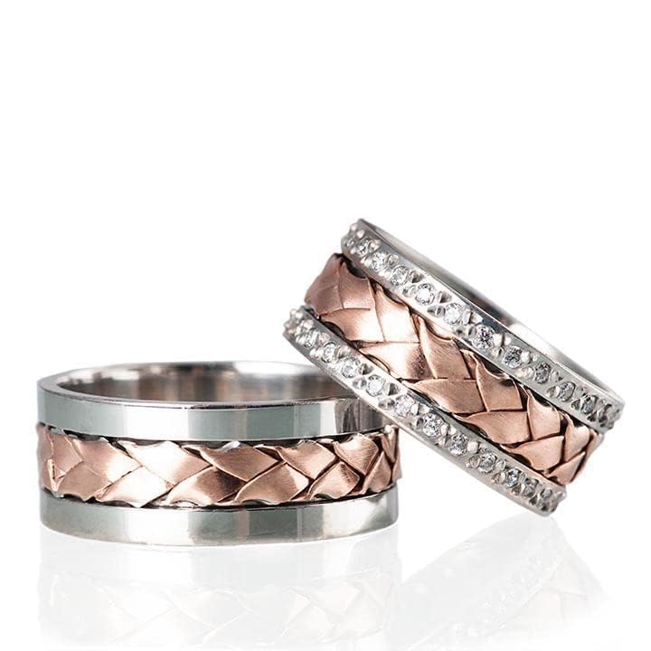 Rose Gold Ehering Sets Stricken Silber Paar passende Ehering Set Personalisierte Mann und Frau Silber Ehering Set
