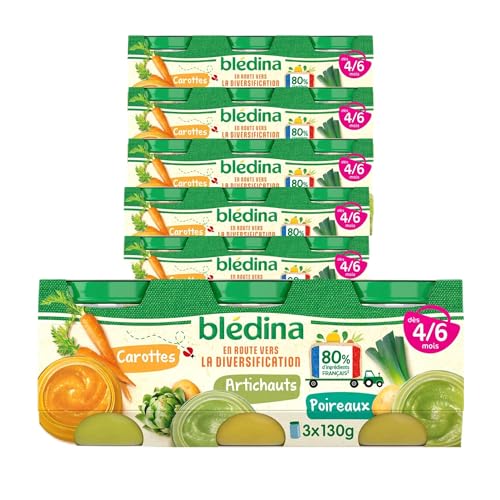 BLEDINA - Petits Pots pour bébé - Carottes, Artichauts, Poireaux - 80% d'ingrédients Français - De 4 à 6 mois - 18 pots x 130g