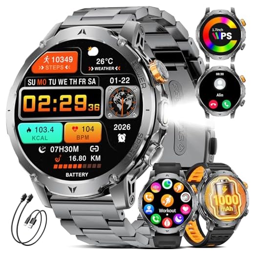 1000mAh Montre Connectée Homme Militaire, 1,7" Smartwatch Homme avec 110+ Modes Sportifs, IP68 Étanche, Appel Bluetooth, 24H Fréquence Cardiaque, Podomètre Android iOS,3 Bracelets,2 Chargeurs, EF24-C