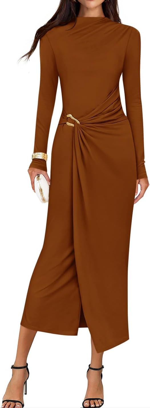 ZESICA Women's 2026 Spring Long Sleeve Bodycon Dress Mock Neck Wedding Guest Cocktail Party Long Midi Dresses