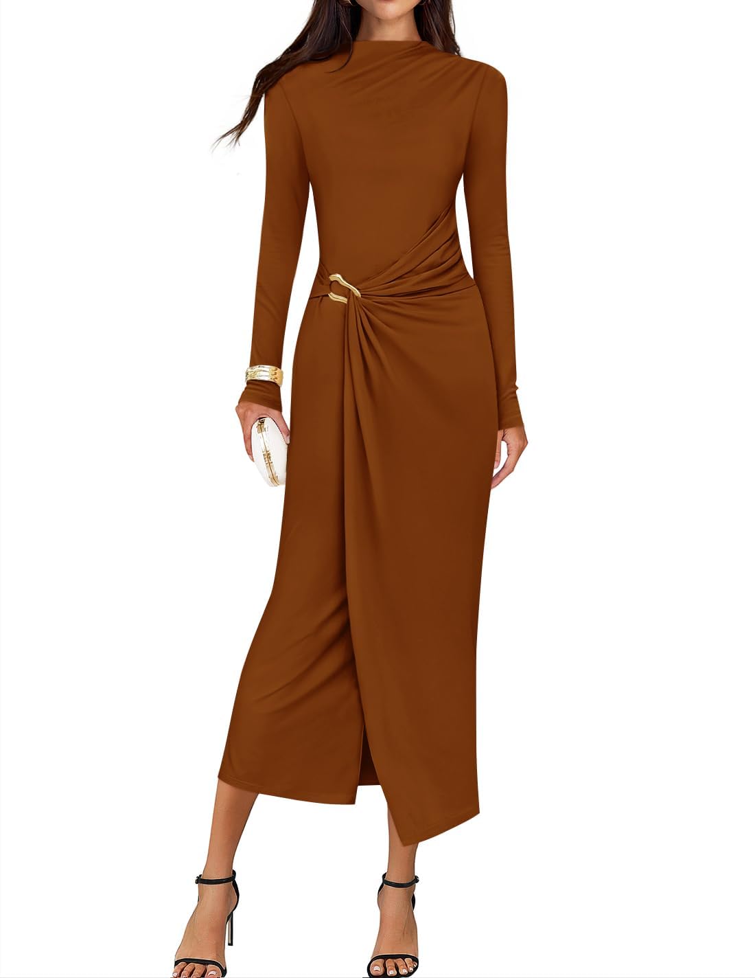 ZESICA Women's 2025 Fall Long Sleeve Bodycon Dress Mock Neck Party Cocktail Wedding Guest Long Midi Dresses, Caramel, S