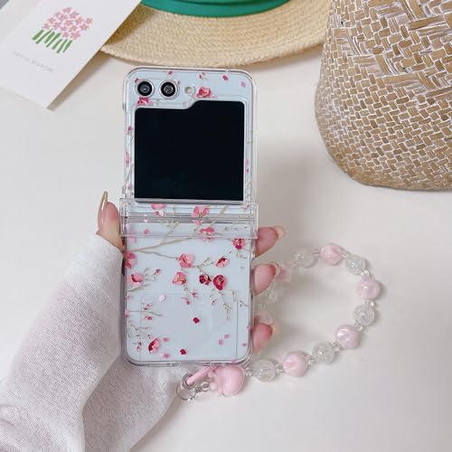 Coque Samsung Galaxy Z Flip 5 4 3 antichoc rigide transparente avec bracelet fleur de pêcher