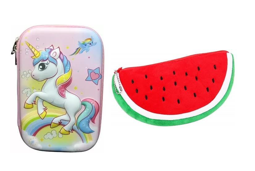 Mistazzo Unicorn Embossed EVA Material Pencil Case with Watermelon Pencil Pouch for Girls Kids Stationary Organizer (Unicorn and Watermelon)