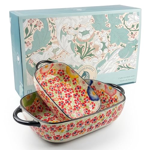 Polish Pottery Style Ceramic Baking Dish Set, 2-Piece Large & Small Casserole Bakers for 2–3 People, Floral Oven-to-Table Bakeware, Microwave & Dishwasher Safe, Gift-Ready with Protective Packaging