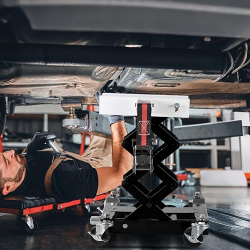 Image of Garvee Transmission Jack 450 LBS Capacity: Low Profile Lift with 2M Safety Straps & 4 Brake Wheels, 7-23 Inch Range for Car & Truck Repair (Black)