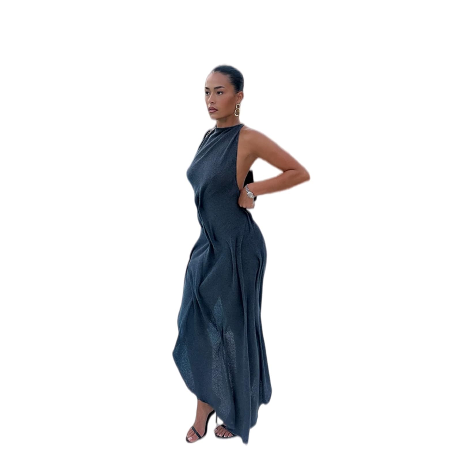 Vestito Elegante Donna Romantico Morbido Halter Maxi Abito Ruched Asimmetrico da Festa per Le Vacanze Anniversario Cena Sera-03-m