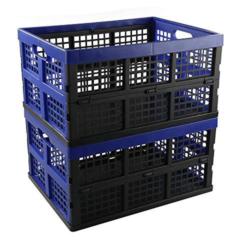 Hespapa 35 Quart Folding Crates, Blue Plastic Collapsible Storage Container Milk Crate Baskets, 2 Pack Cover