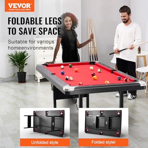 Image of VEVOR Folding Pool Table,Portable Billiards Tables, Foldable Space-Saving Entertainment Game Set Includes Ball, Cue, Rack, Chalk, Brush, Brown with Bule Cloth, for Family Use, Recreation Room