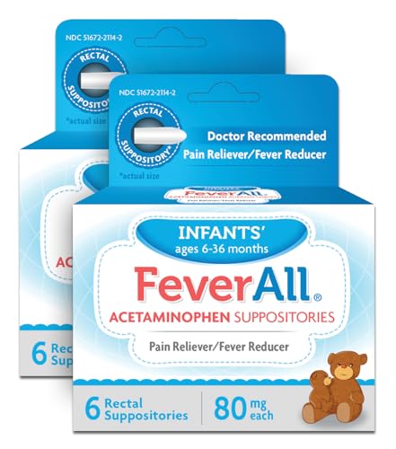 Image of Feverall Infant Acetaminophen Suppositories 6 Rectal Suppositories 80mg Each Pain Reliever/Fever Reducer. Paraben Free, No Artificial Colors or Other preservatives. Ages 6-36 Months (Pack of 2)