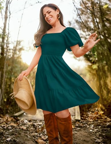Image of ZESICA Women's Boho 2026 Summer Square Neck Puff Sleeve Off Shoulder Smocked Tiered Casual A Line Short Mini Dress