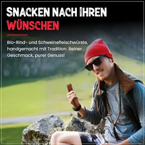 BIO Pfefferbeißer/Feuerbeißer – Rohwurst aus Rind & Schwein, nicht scharf – Snackwurst, zuckerfrei & glutenfrei – Handgemachte Bio Bauernwürste (1 x 2 Paar, 140, gramm)