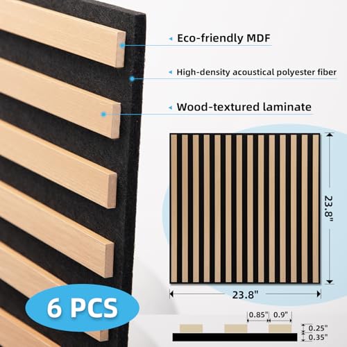 Image of Art3d 6-Pack Acoustic Wood Slat Panel & Ceiling Tile, 2 x 2 ft, Natural Oak