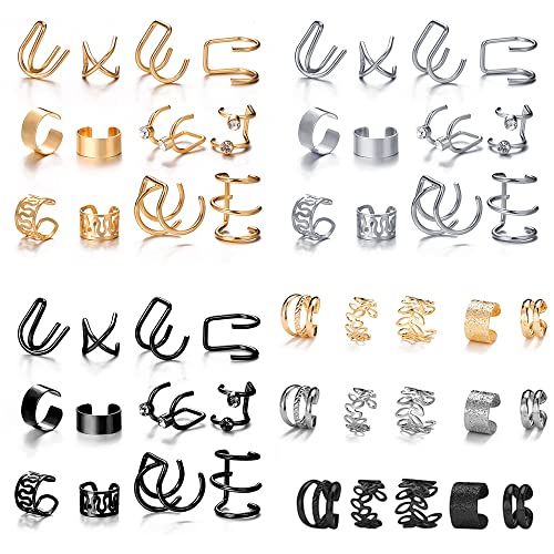 Miss JQ 51 Pcs Ear Cuff Helix Cartilage Ear Clip on Wrap Earrings Ear Cuffs for Women Men Non Piercing Ear Clip Fake Earrings Cartilage(Gold/Silver/Black)