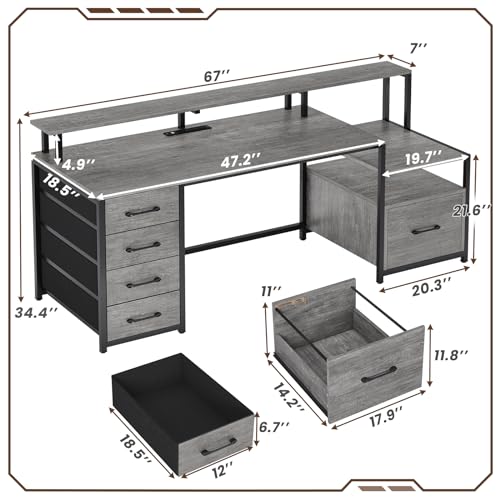 Home Office Desk with File Drawer, Power Outlet, Storage Shelves, Printer Cabinet, and Monitor Shelf for Gaming - Grey Color