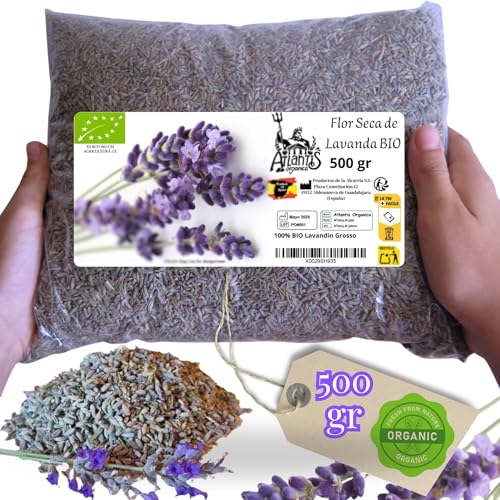 Lavanda Seca Natural - Flor Seca - Lavandin Grosso - Flor de Lavanda Seca Natural para Ambientador, Aceite Esencial, Jabones, Cosméticos, Velas…@Atlantis Organica (1, 500)